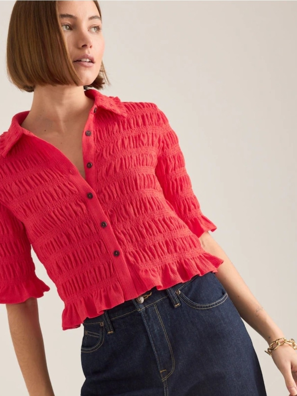 Maeve Muted RED Ruched Button-Front Shirt